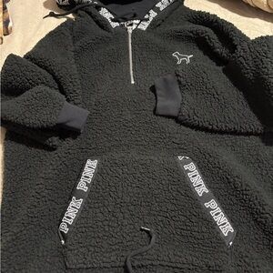 Black Sherpa Hoodie with Pink Logo